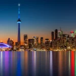 A vibrant Toronto skyline at night with illuminated buildings reflecting on a calm body of water. The tall, lit-up tower stands prominently, and a domed structure is on the left. The sky is a gradient of blue and orange.