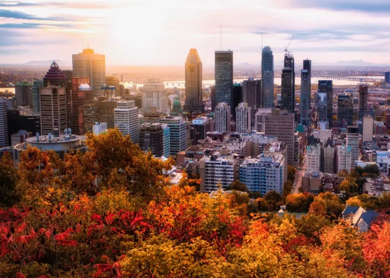 A vibrant cityscape at sunset with Montreal's iconic skyscrapers in the background. In the foreground, autumn foliage in shades of red, orange, and yellow creates a colorful contrast. The sky is partly cloudy with the sun casting a warm glow over the scene.