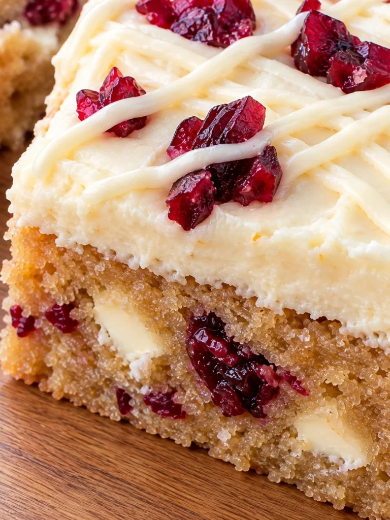 Cranberry Bliss Bars with Orange Cream Cheese Icing and White Chocolate Drizzle close up