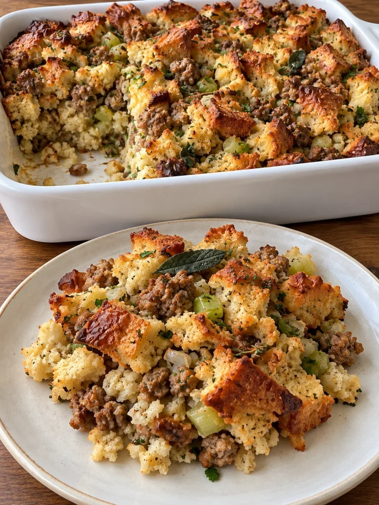 New England Sausage Stuffing with Sage, Thyme and Buttered Celery from the side