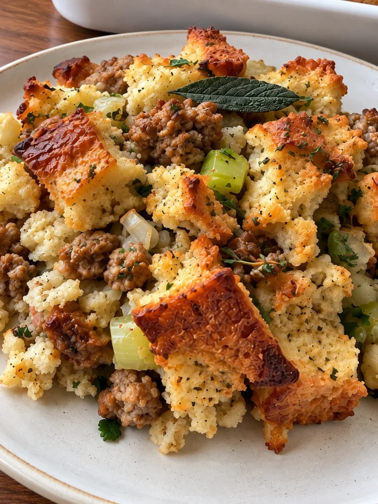 New England Sausage Stuffing with Sage, Thyme and Buttered Celery close up