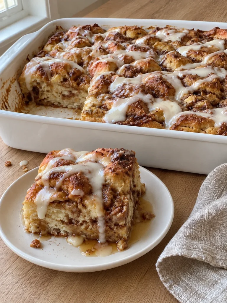 Cinnamon Roll Casserole with Maple Custard and Cream Cheese Icing from the side