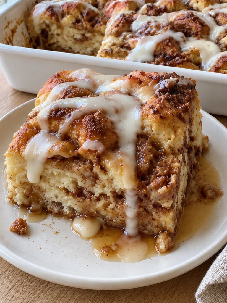 Cinnamon Roll Casserole with Maple Custard and Cream Cheese Icing close up