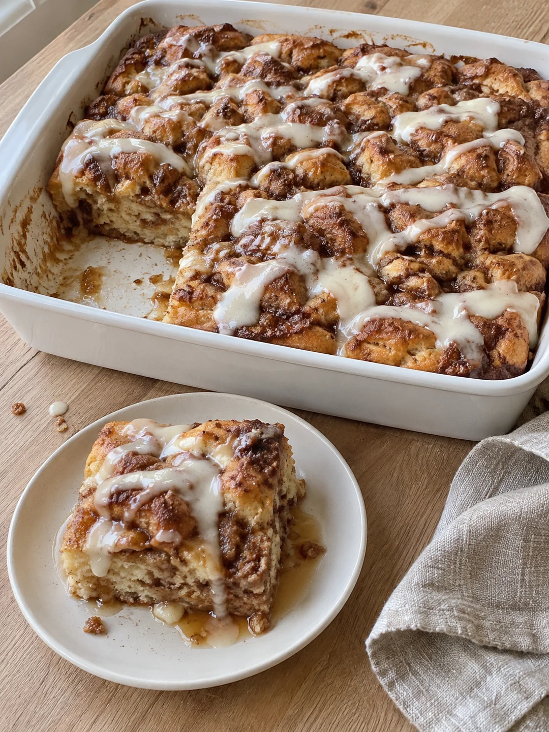 Cinnamon Roll Casserole with Maple Custard and Cream Cheese Icing