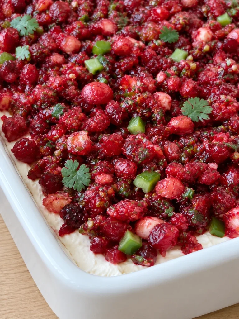 Cranberry Jalapeno Dip (Cranberry Jalapeño Cream Cheese Dip) Layered the American Holiday Way close up