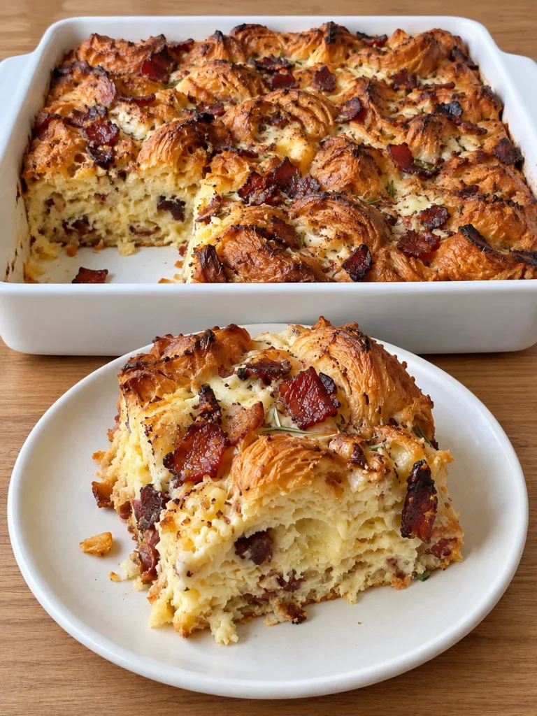 Croissant Breakfast Casserole with Bacon, Gruyere and Rosemary from the side