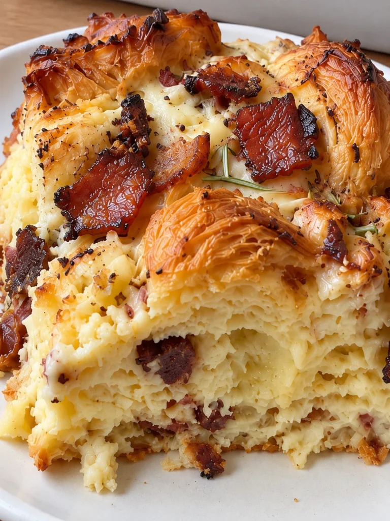 Croissant Breakfast Casserole with Bacon, Gruyere and Rosemary close up