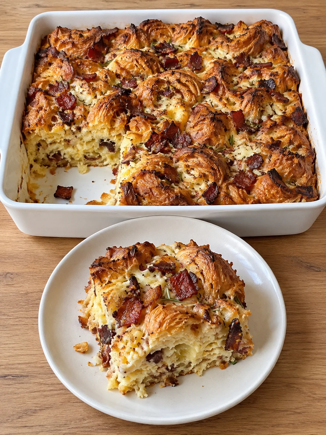 Croissant Breakfast Casserole with Bacon, Gruyere and Rosemary