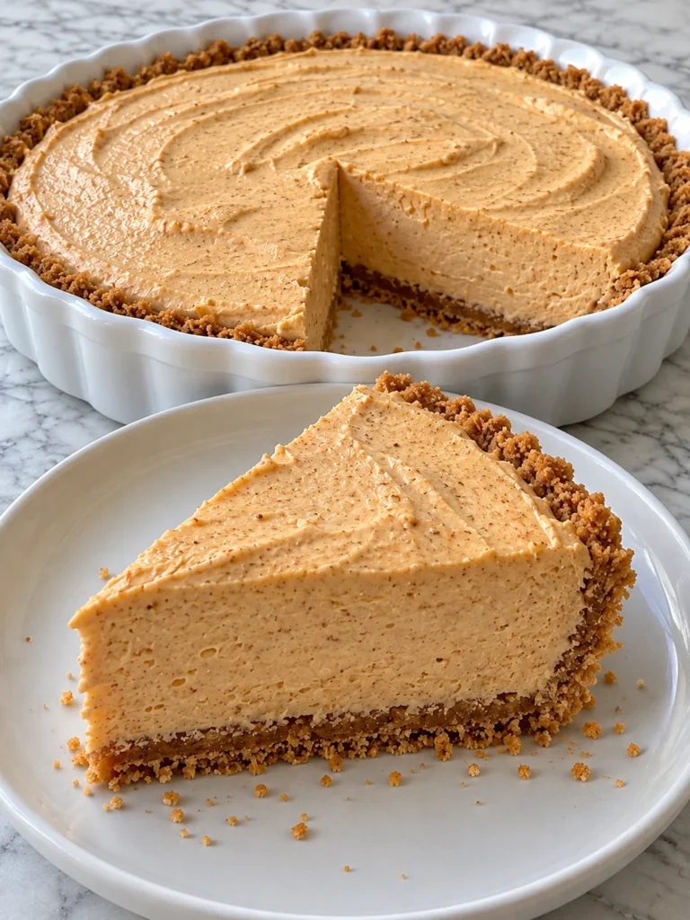 No Bake Pumpkin Pie with a Gingersnap-Graham Crust and Gelatin-Set Spiced Filling from the side