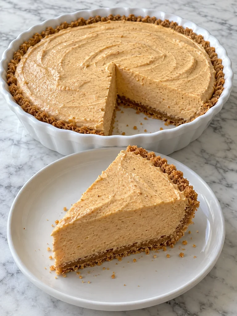 No Bake Pumpkin Pie with a Gingersnap-Graham Crust and Gelatin-Set Spiced Filling