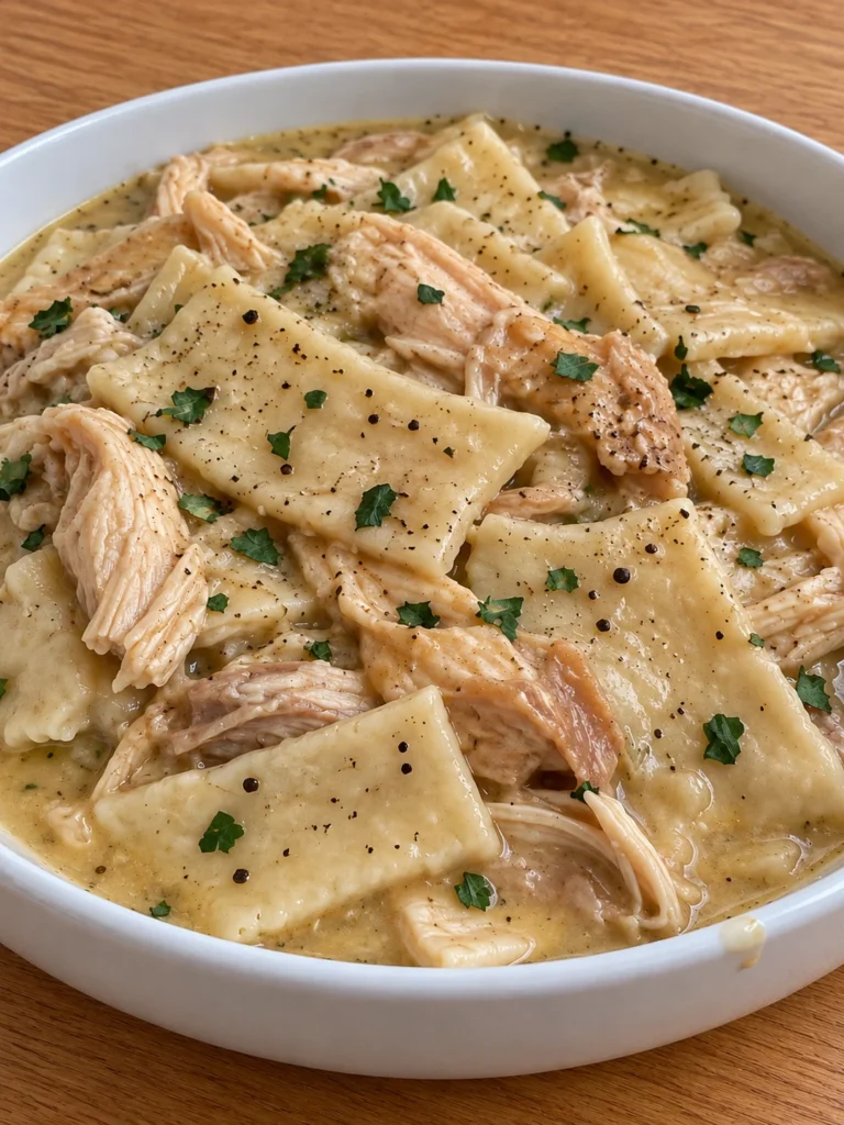Southern Chicken and Dumplings with Rolled Flat Slicks from the side
