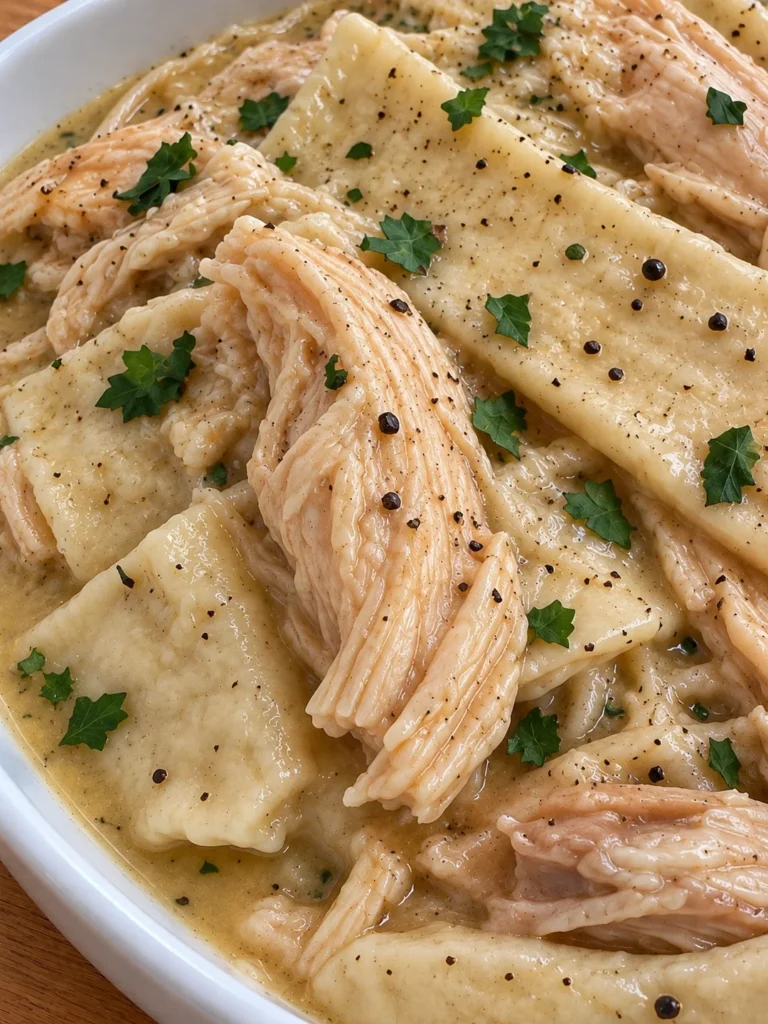 Southern Chicken and Dumplings with Rolled Flat Slicks close up