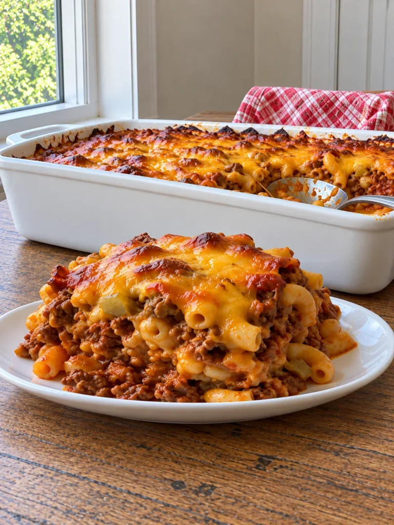 Midwest Cheeseburger Casserole with Sharp Cheddar and Dill Pickle Relish from the side