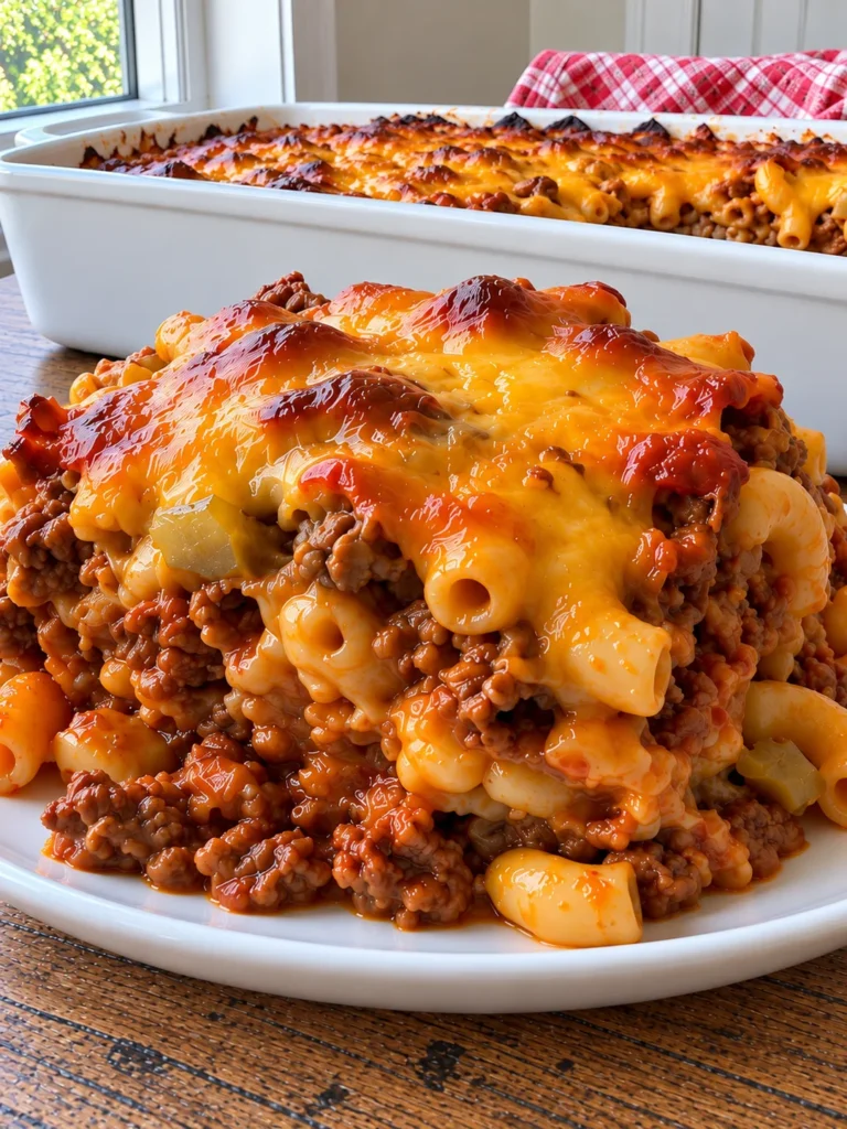 Midwest Cheeseburger Casserole with Sharp Cheddar and Dill Pickle Relish close up