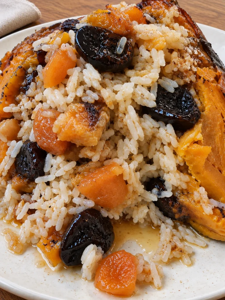 Armenian Stuffed Pumpkin (Ghapama) with Rice, Honey and Dried Fruit close up