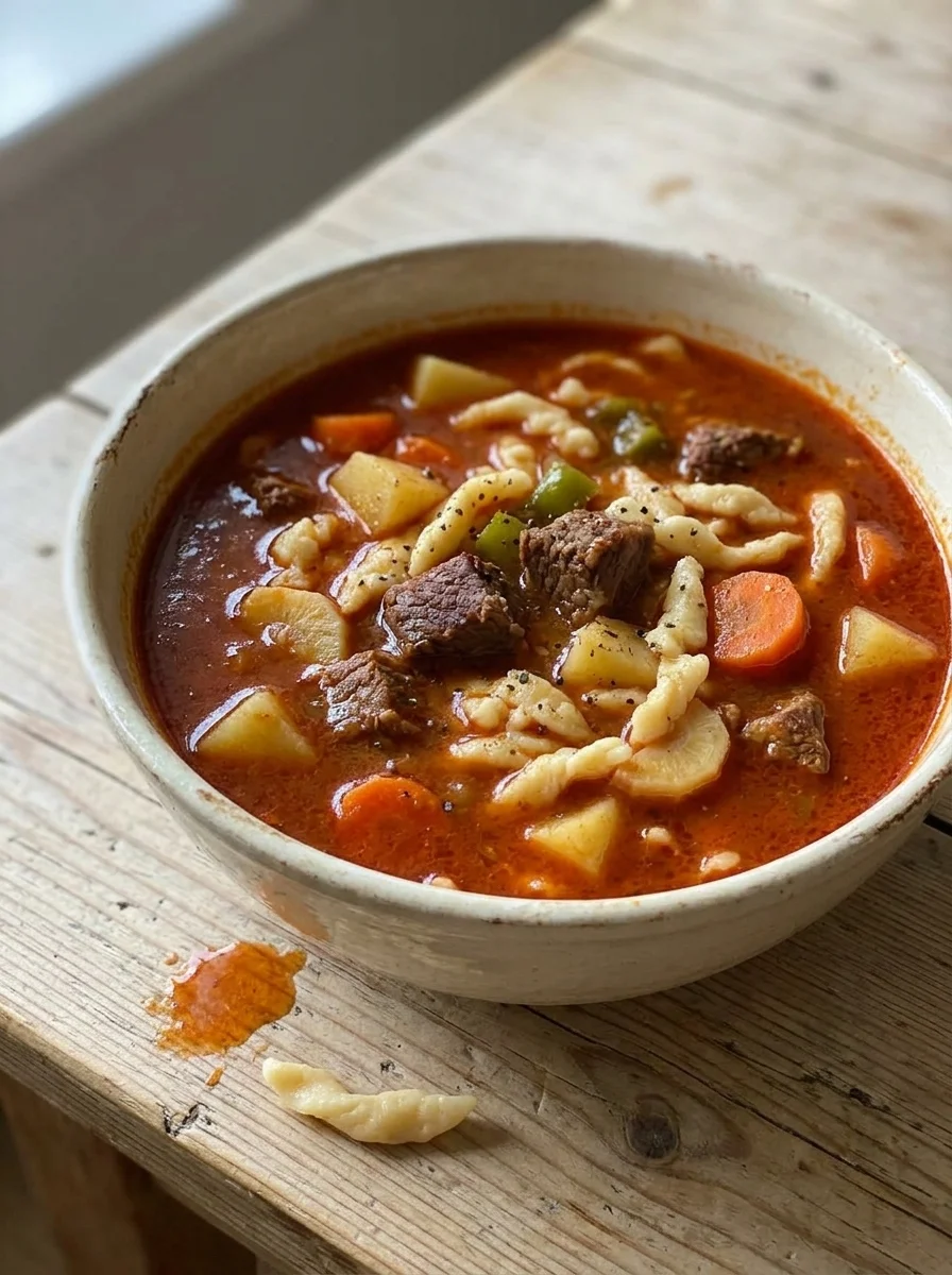 Hungarian Goulash (Gulyás) from the Puszta with Csipetke Noodles