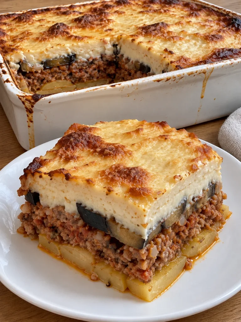 Greek Moussaka (Mousakas), the Athenian Way with Eggplant, Potato and Nutmeg Bechamel from the side