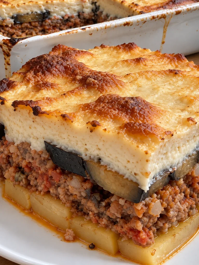 Greek Moussaka (Mousakas), the Athenian Way with Eggplant, Potato and Nutmeg Bechamel close up