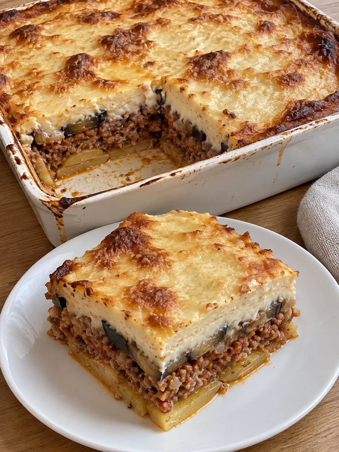 Greek Moussaka (Mousakas), the Athenian Way with Eggplant, Potato and Nutmeg Bechamel