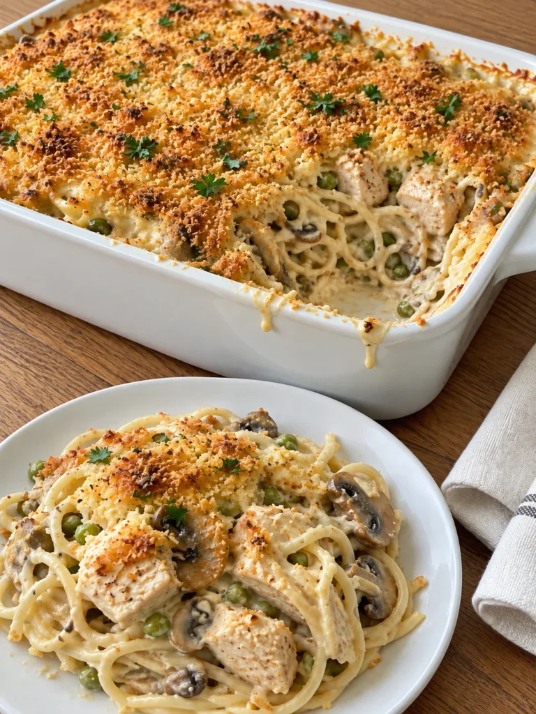 Chicken Tetrazzini the Palace Hotel Way, with Sherry Mushrooms and a Parmesan Gratin Crust from the side
