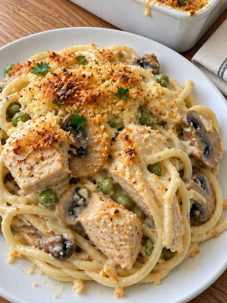 Chicken Tetrazzini the Palace Hotel Way, with Sherry Mushrooms and a Parmesan Gratin Crust close up