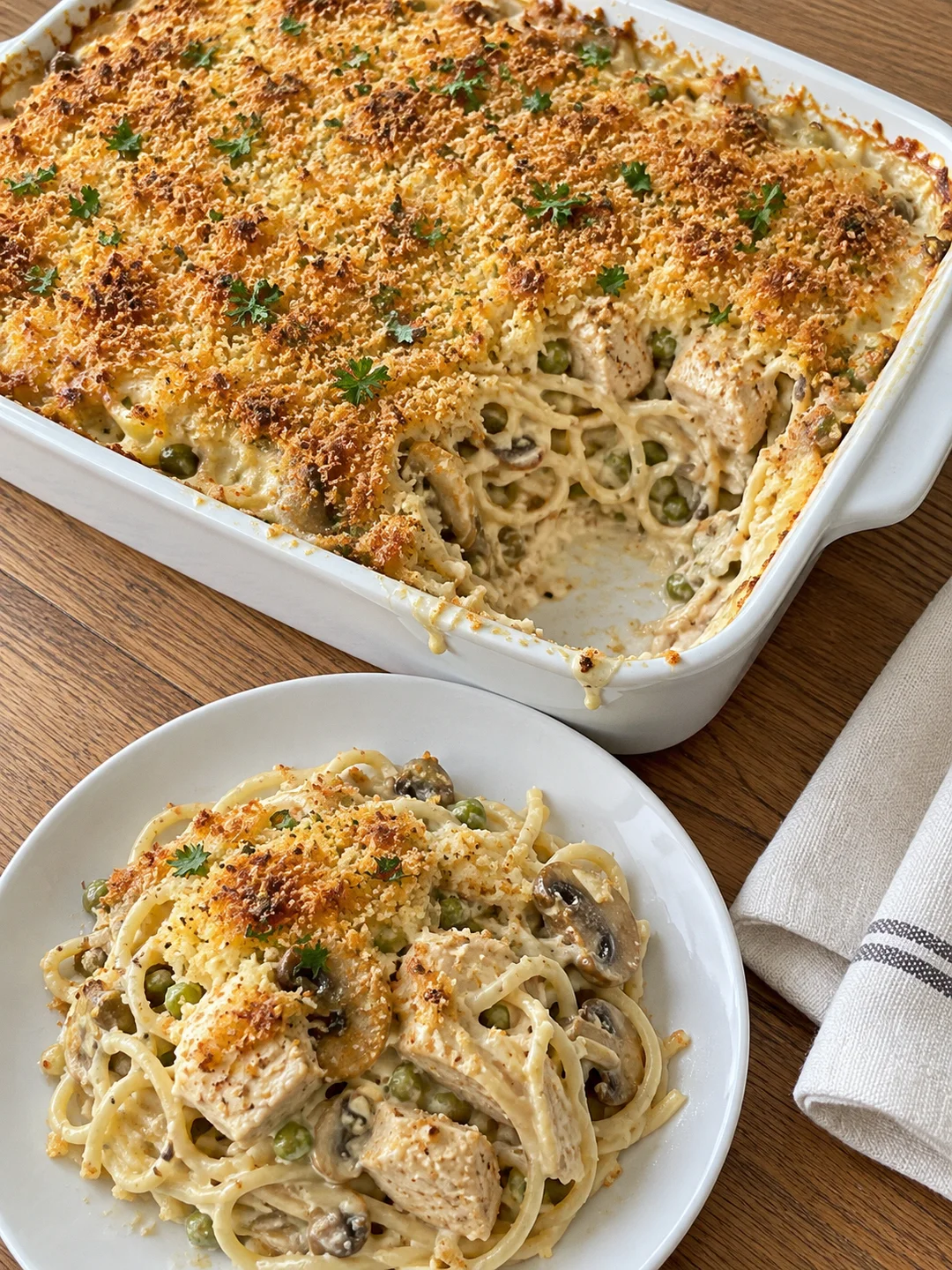 Chicken Tetrazzini the Palace Hotel Way, with Sherry Mushrooms and a Parmesan Gratin Crust