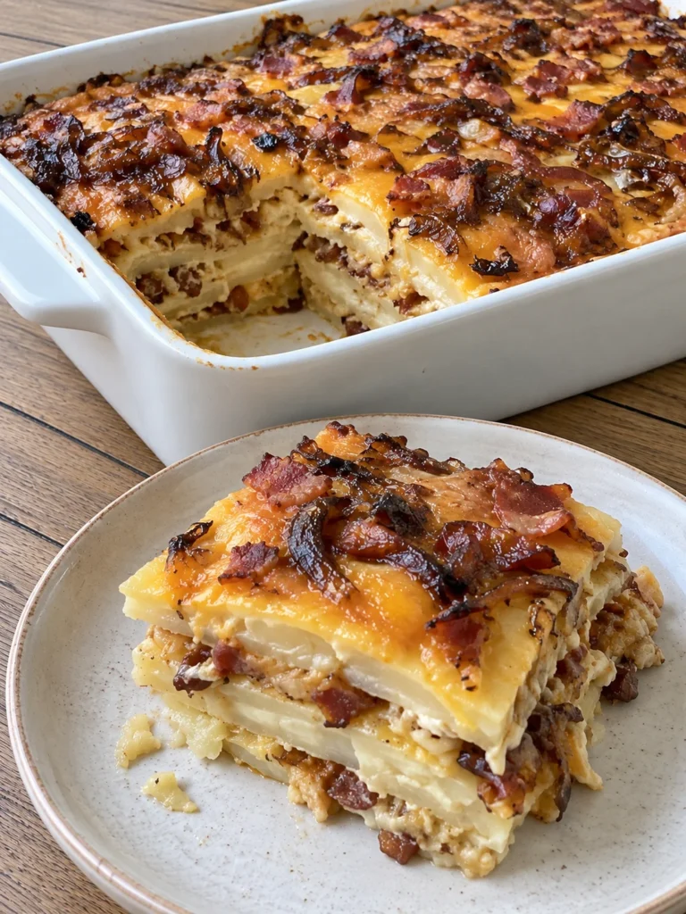 Pierogi Casserole (Pittsburgh Pierogi Lasagna) with Bacon and Caramelized Onions from the side