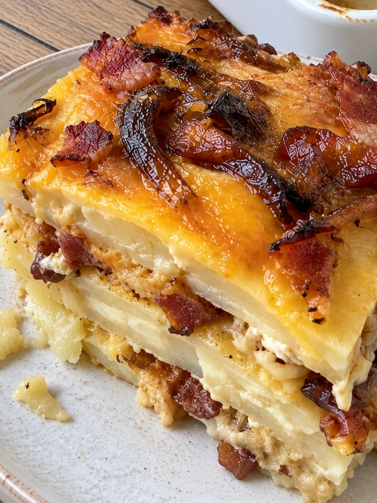 Pierogi Casserole (Pittsburgh Pierogi Lasagna) with Bacon and Caramelized Onions close up