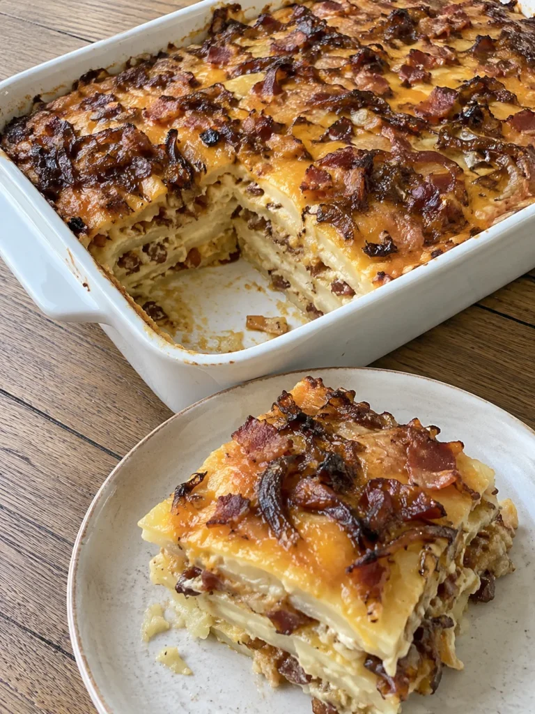 Pierogi Casserole (Pittsburgh Pierogi Lasagna) with Bacon and Caramelized Onions