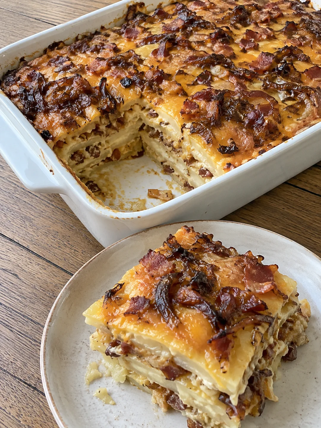 Pierogi Casserole (Pittsburgh Pierogi Lasagna) with Bacon and Caramelized Onions