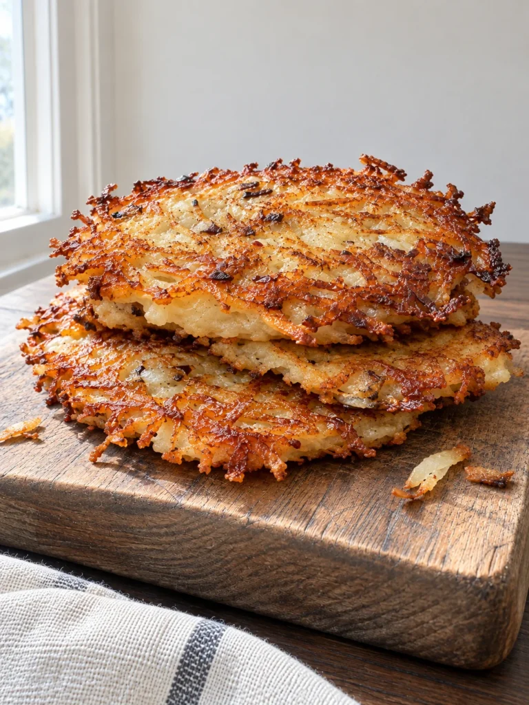 Potato Latkes (Ashkenazi Latkes) Fried Crisp in Schmaltz from the side