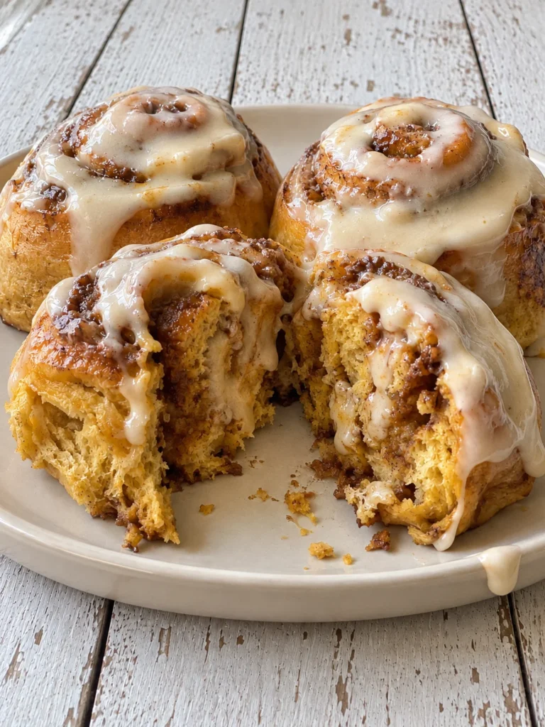 Pumpkin Cinnamon Rolls with Maple Cream Cheese Icing from the side