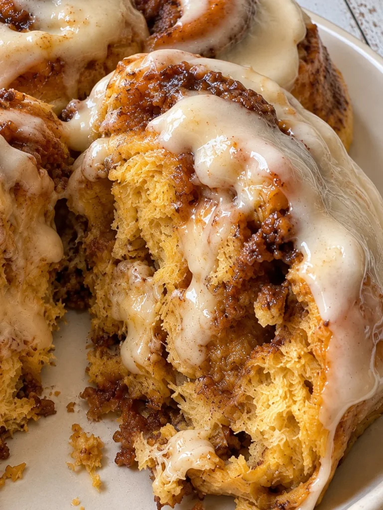 Pumpkin Cinnamon Rolls with Maple Cream Cheese Icing close up