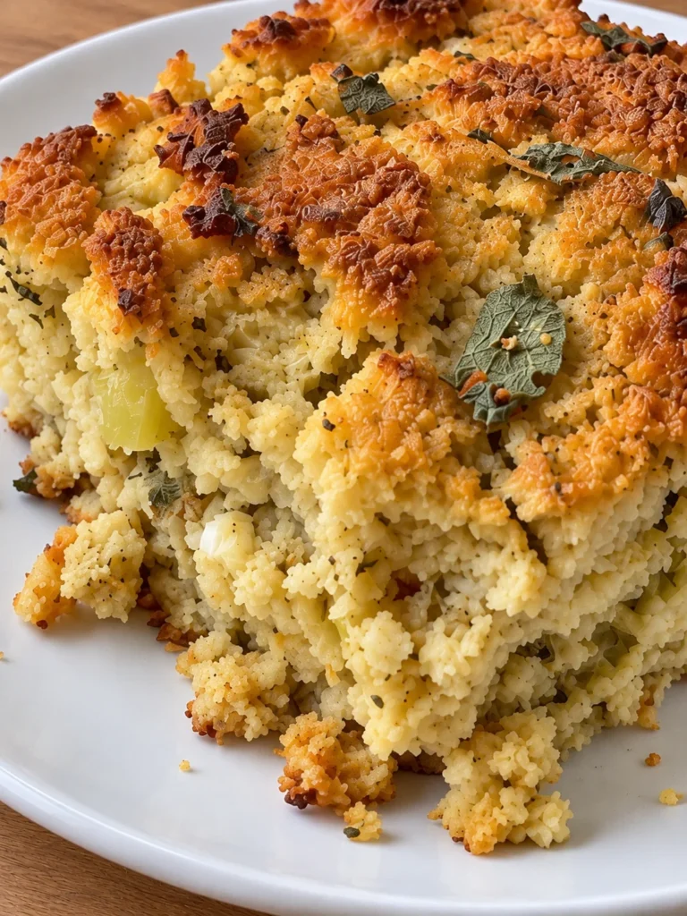 Southern Cornbread Dressing, the Old-Country Way with Sage and Giblet Broth close up