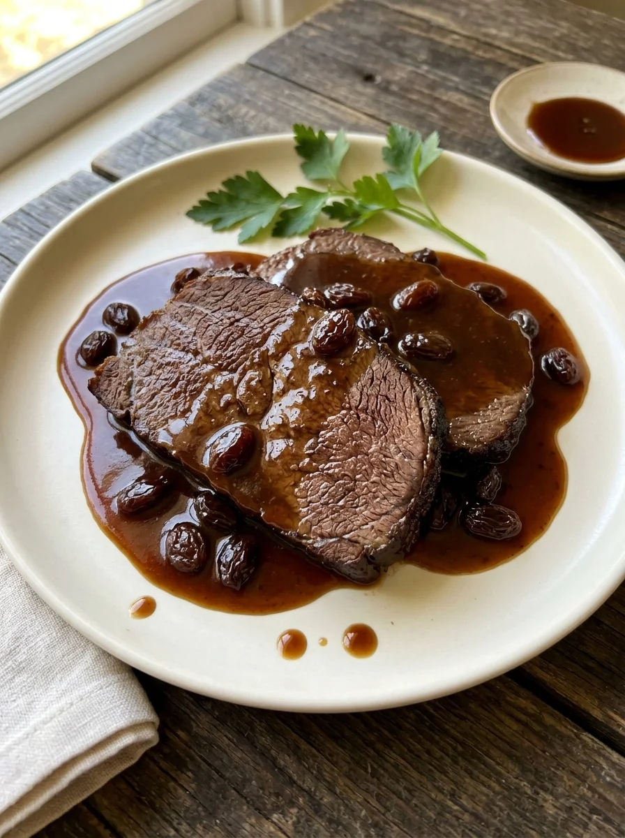 German Sauerbraten from the Rhineland with Gingersnap Gravy and Raisins