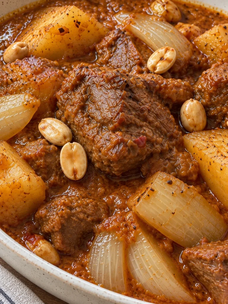 Massaman Curry (Kaeng Matsaman) with Slow-Braised Beef, Potatoes and Peanuts close up