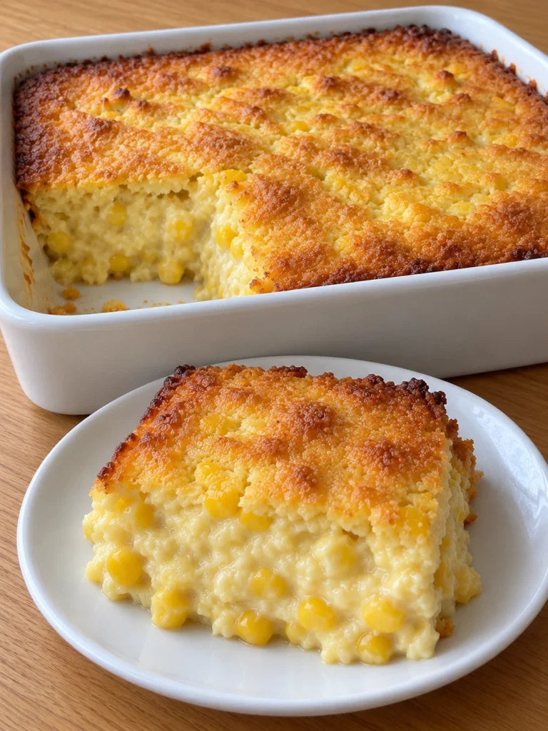 Corn Casserole (Golden Cornbread Spoon Casserole from the Southern Potluck Table) from the side