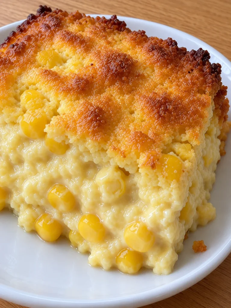 Corn Casserole (Golden Cornbread Spoon Casserole from the Southern Potluck Table) close up