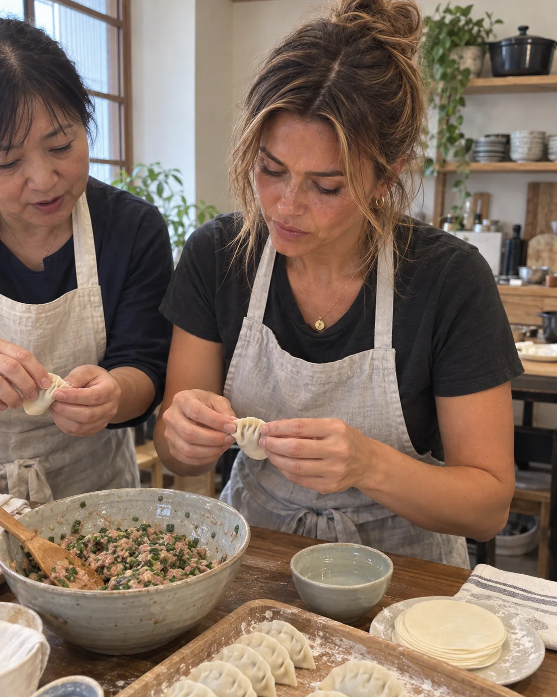 Tommi pleating dumplings at a cooking class