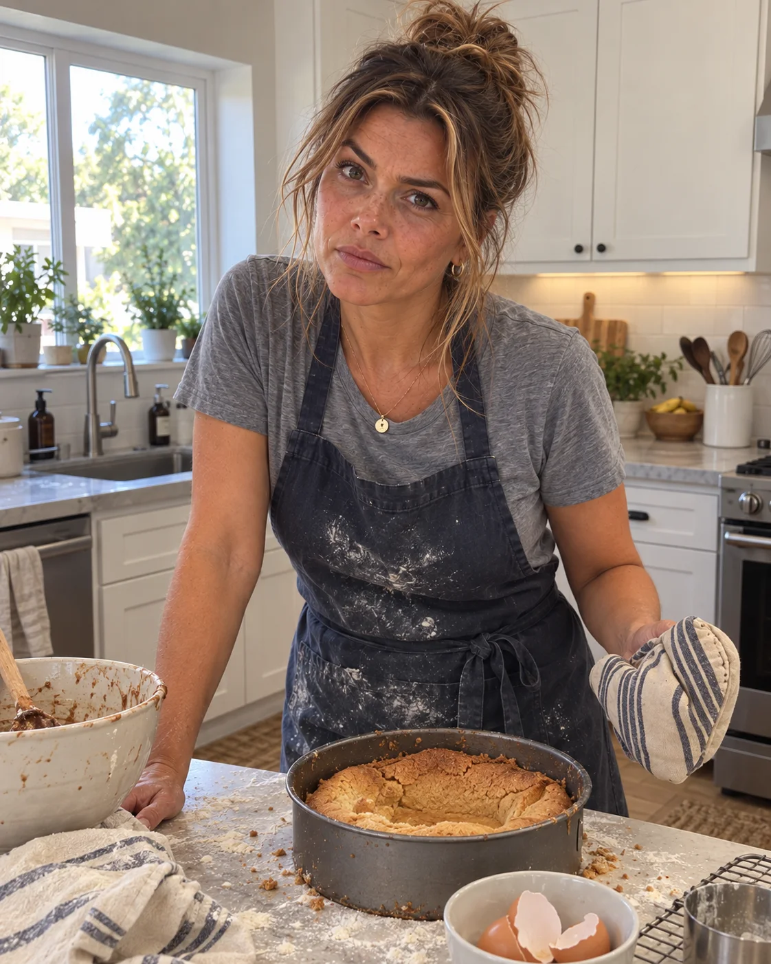 Tommi with a cake that sank in the oven