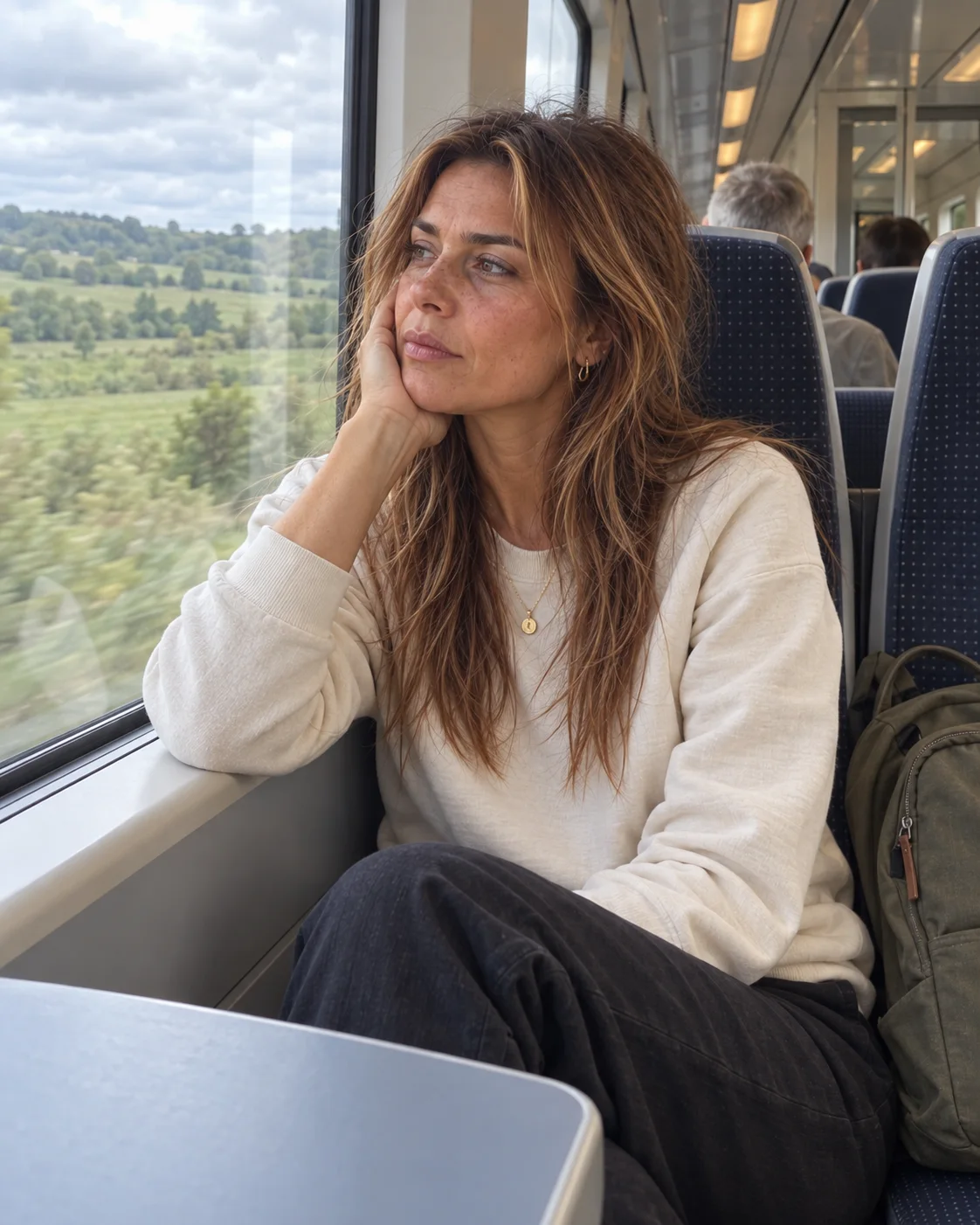 Tommi looking out of a train window at green countryside