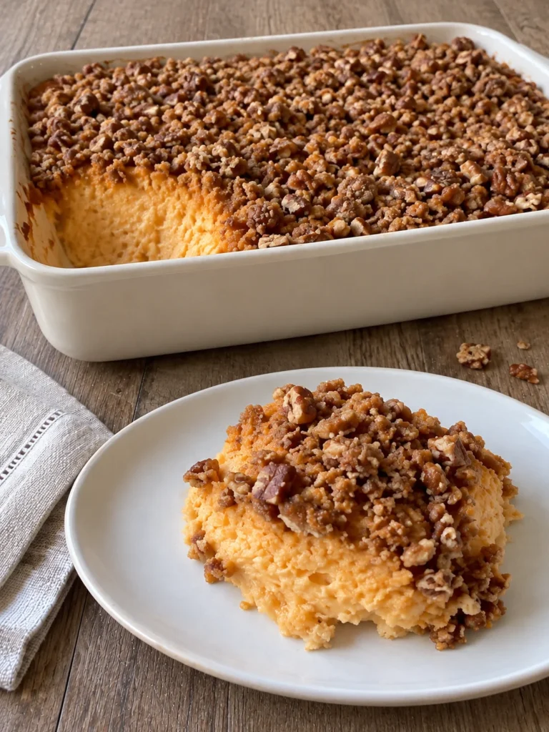 Southern Sweet Potato Souffle with Brown Sugar Pecan Streusel from the side