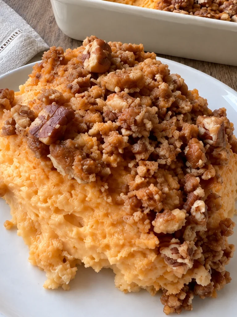 Southern Sweet Potato Souffle with Brown Sugar Pecan Streusel close up